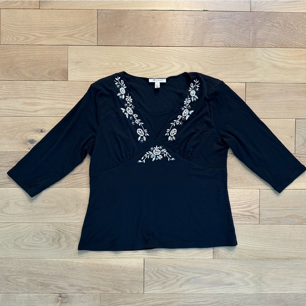 JM Collection Black & White Embellished 3/4 Sleeve Top